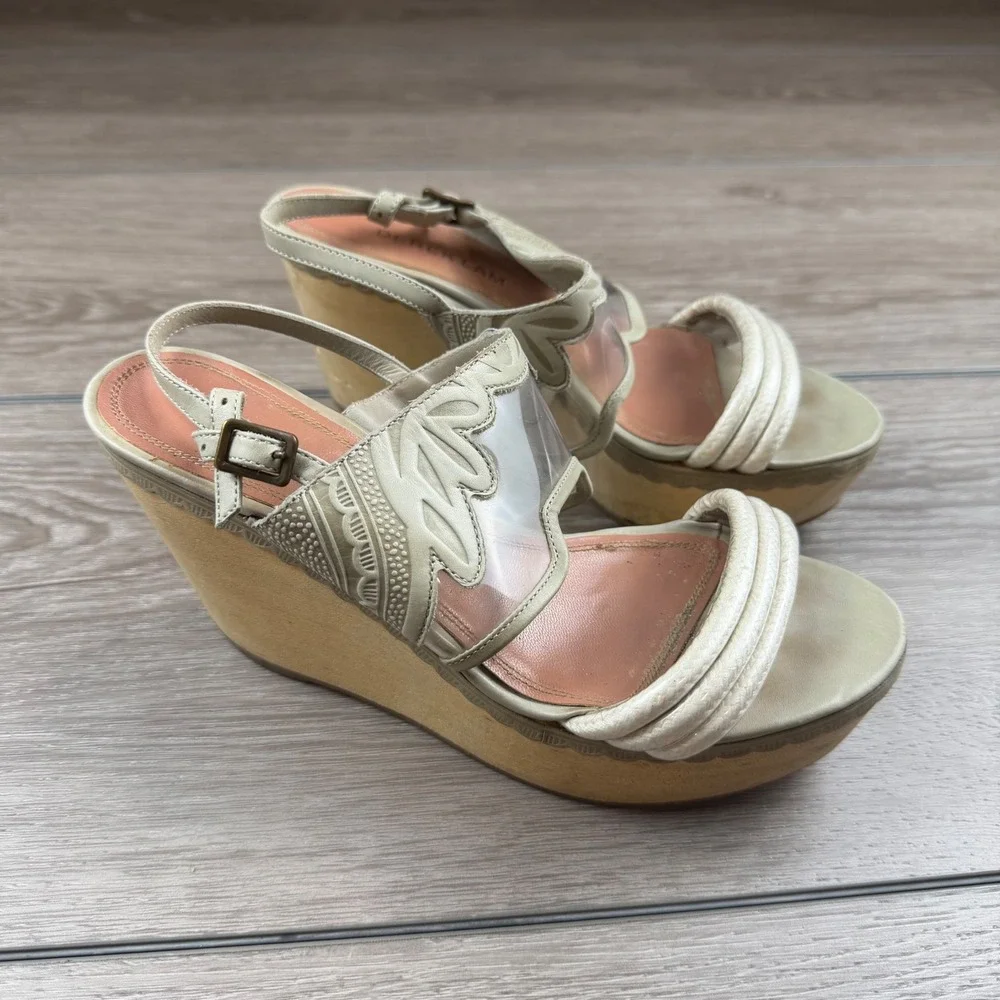 Derek Lam Womens Wedge Sandals Clear Lucite Wood Platform Cream 35 US 5
